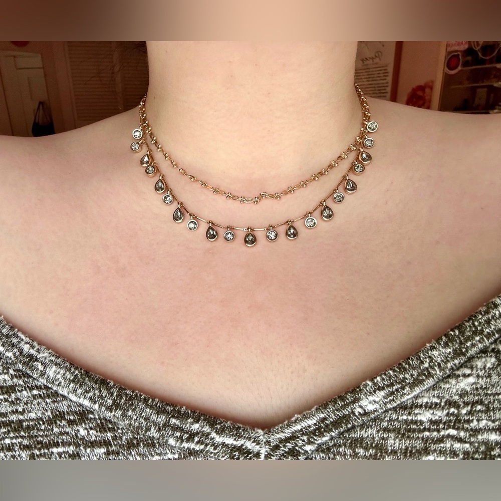 Gold Tone Double Layer Crystal Teardrop Necklace - 18 “ w/ Extender